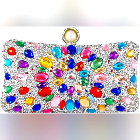Elegant Silver Multicolor Rhinestone Bejeweled Purse